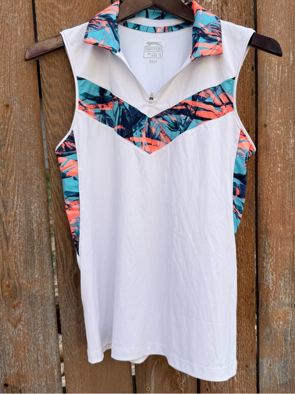 SLAZENGER Golf Women’s White Sleeveless Zip Polo Tropical Print Accents Small - Picture 2 of 11